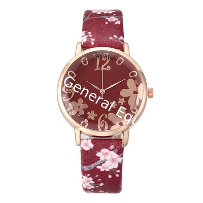 WJ-7877 Beautiful Chinese Factory High Quality One Hand Pink Flower Leather Woman Watch