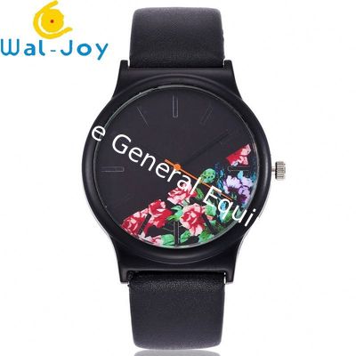 WJ-6737 Alibaba China ODM Watch Novel Flower Dial Black Leather Women's Simple Vintage Quartz Watch