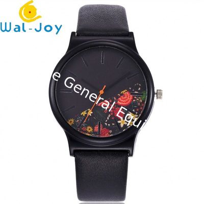 WJ-6737 Alibaba China ODM Watch Novel Flower Dial Black Leather Women's Simple Vintage Quartz Watch