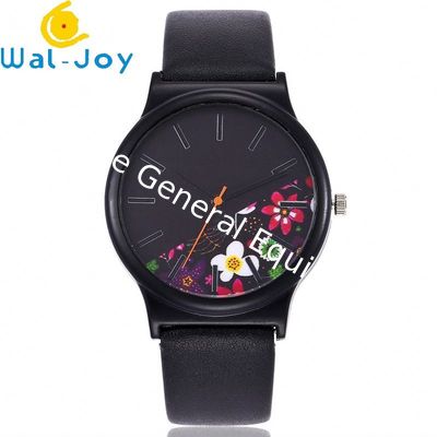 WJ-6737 Alibaba China ODM Watch Novel Flower Dial Black Leather Women's Simple Vintage Quartz Watch