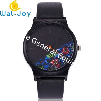 WJ-6737 Alibaba China ODM Watch Novel Flower Dial Black Leather Women's Simple Vintage Quartz Watch