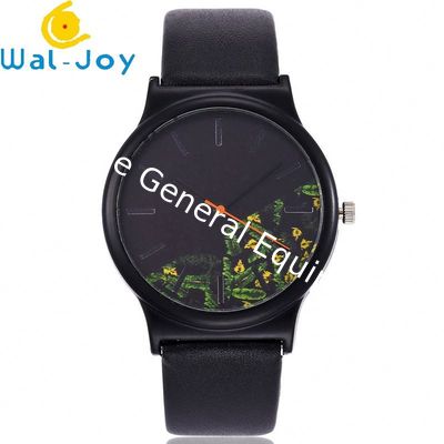 WJ-6737 Alibaba China ODM Watch Novel Flower Dial Black Leather Women's Simple Vintage Quartz Watch