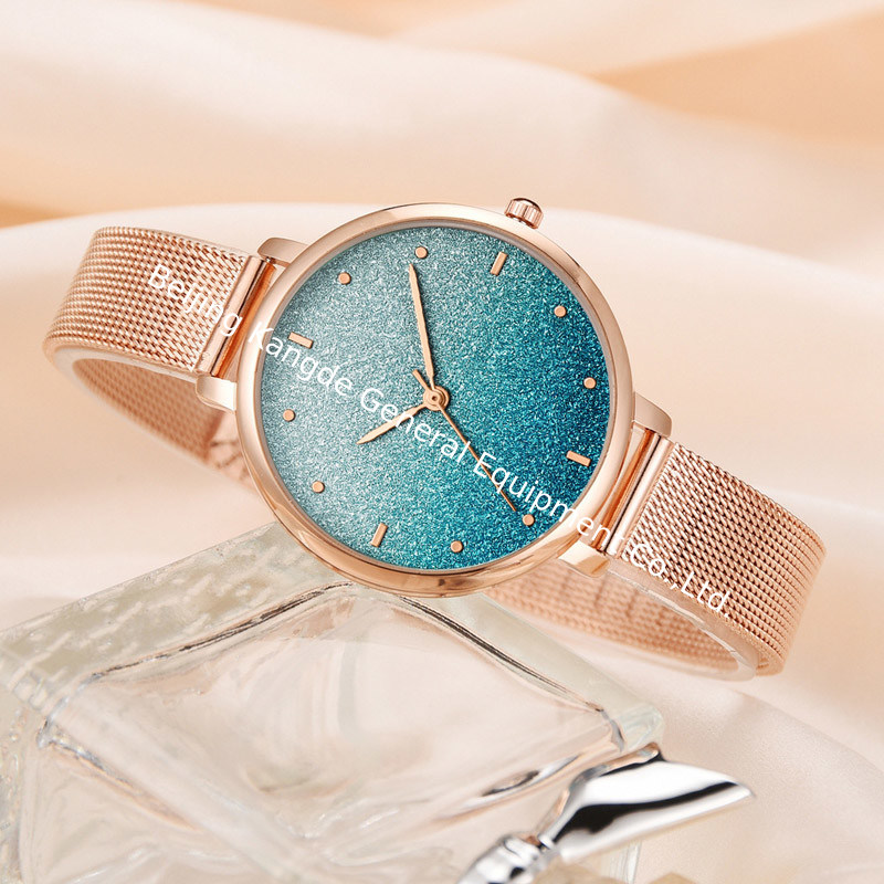 WJ-8461 Good Quality Gold Color Alloy Case Watch Band Buckle Stainless Steel Mesh Watch