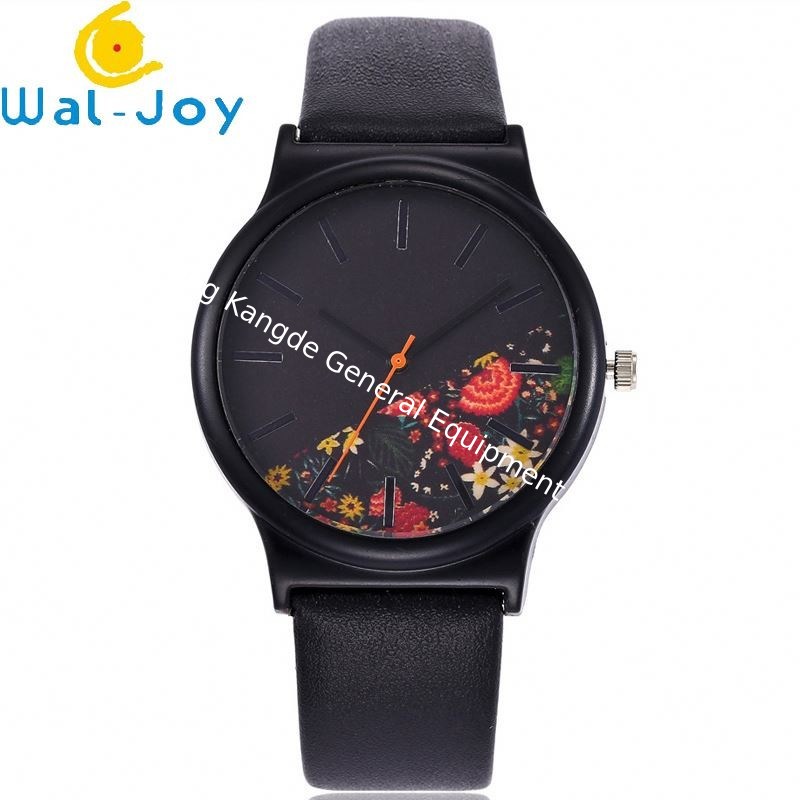 WJ-6737 Alibaba China ODM Watch Novel Flower Dial Black Leather Women's Simple Vintage Quartz Watch