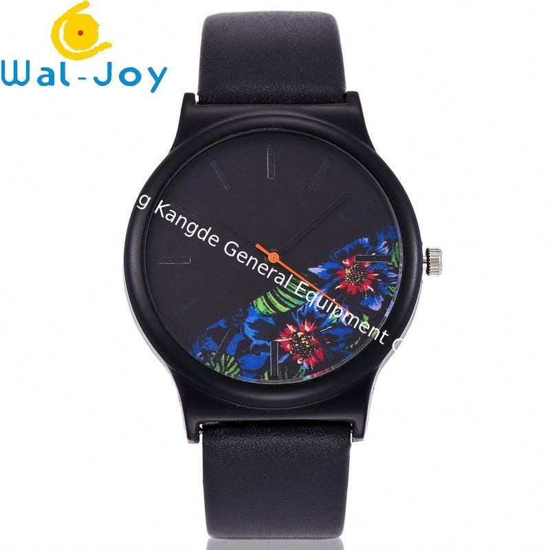 WJ-6737 Alibaba China ODM Watch Novel Flower Dial Black Leather Women's Simple Vintage Quartz Watch