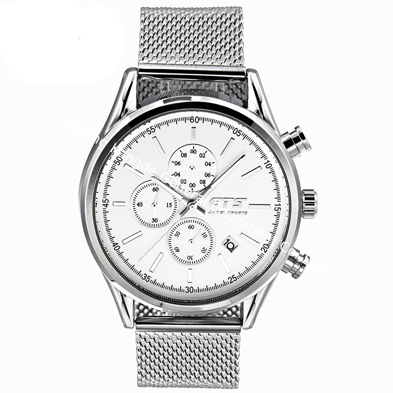 WJ-8382 Mens Mesh Three Watch Face Working Stainless Steel Watch Band Waterproof Watch