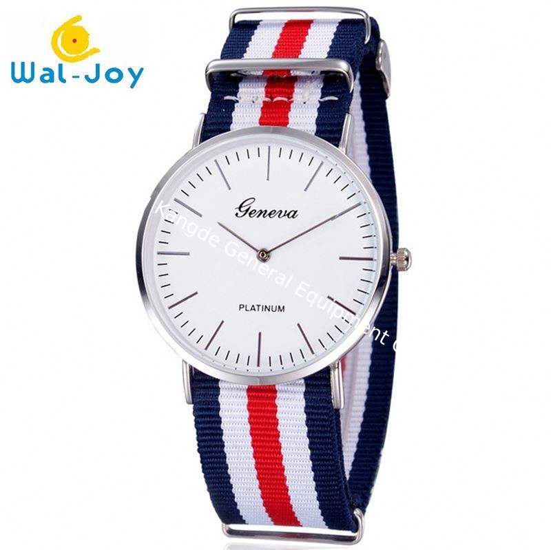 WJ-3395 China Yiwu Factory Hot Sale LOGO OEM Watch Knitted Canvas Nylon Stripe Vogue GENEVA Watches Man Promotional WristWatch