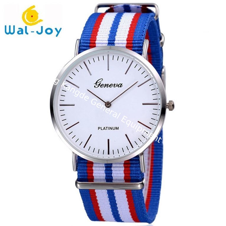 WJ-3395 China Yiwu Factory Hot Sale LOGO OEM Watch Knitted Canvas Nylon Stripe Vogue GENEVA Watches Man Promotional WristWatch