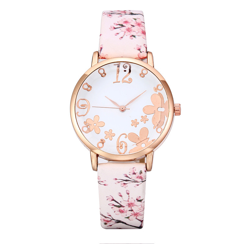 WJ-7877 Beautiful Chinese Factory High Quality One Hand Pink Flower Leather Woman Watch