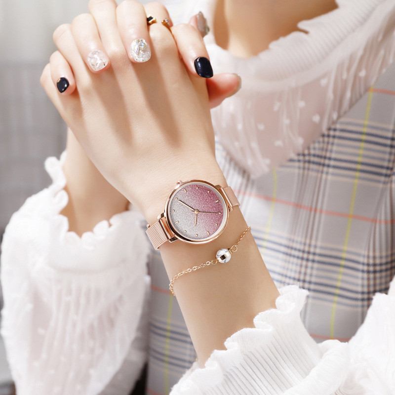 WJ-8461 Good Quality Gold Color Alloy Case Watch Band Buckle Stainless Steel Mesh Watch