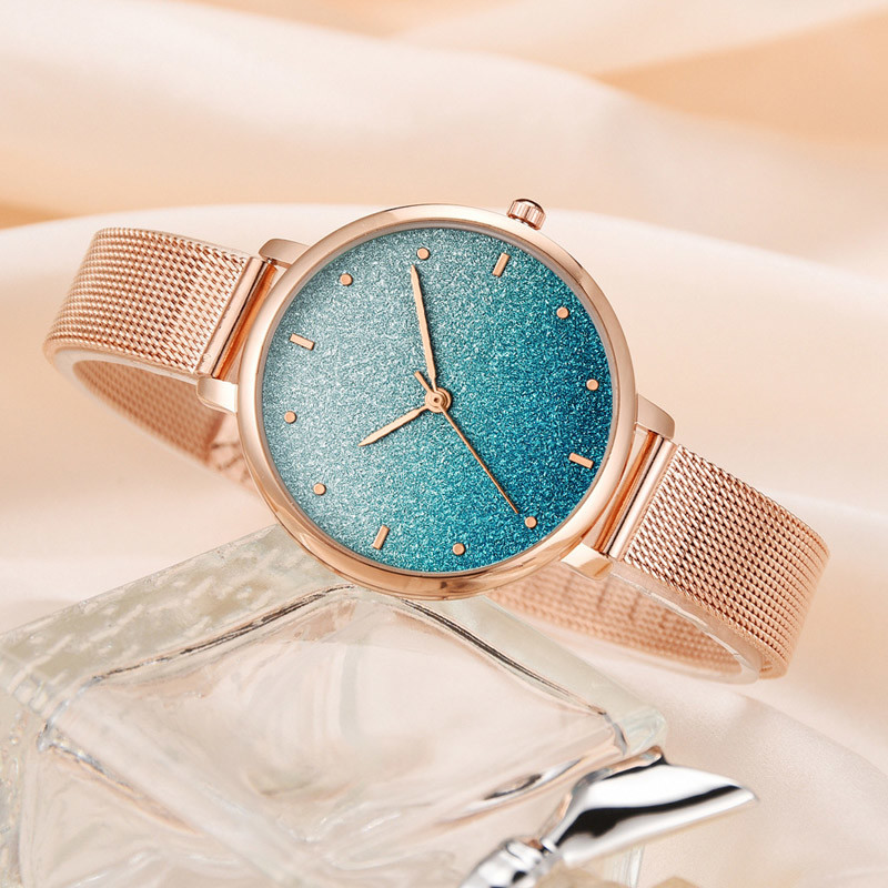 WJ-8461 Good Quality Gold Color Alloy Case Watch Band Buckle Stainless Steel Mesh Watch