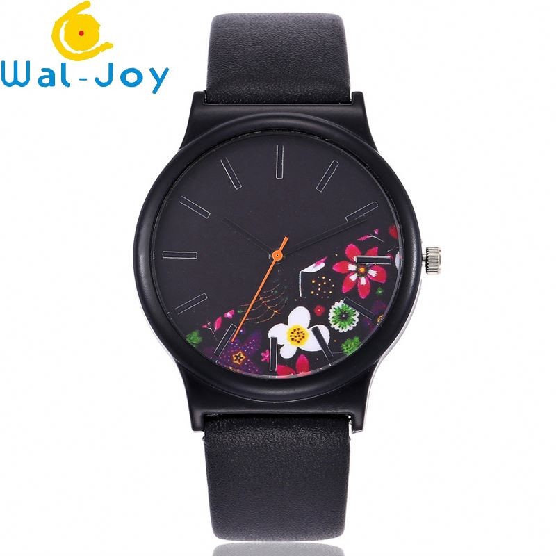 WJ-6737 Alibaba China ODM Watch Novel Flower Dial Black Leather Women's Simple Vintage Quartz Watch