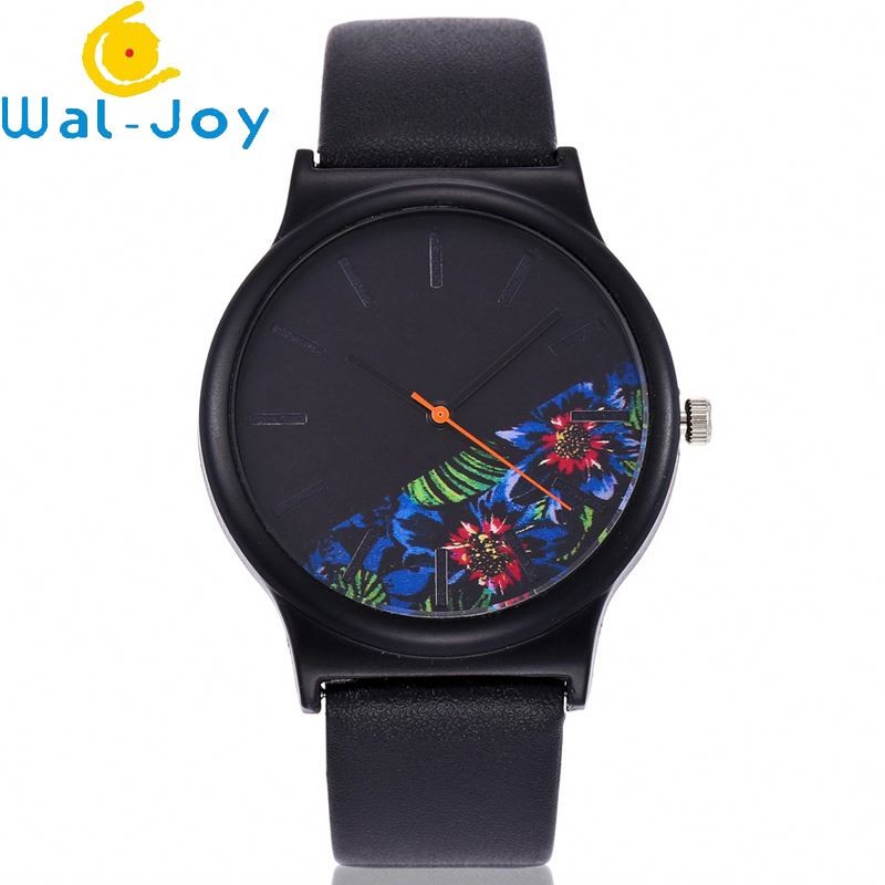 WJ-6737 Alibaba China ODM Watch Novel Flower Dial Black Leather Women's Simple Vintage Quartz Watch