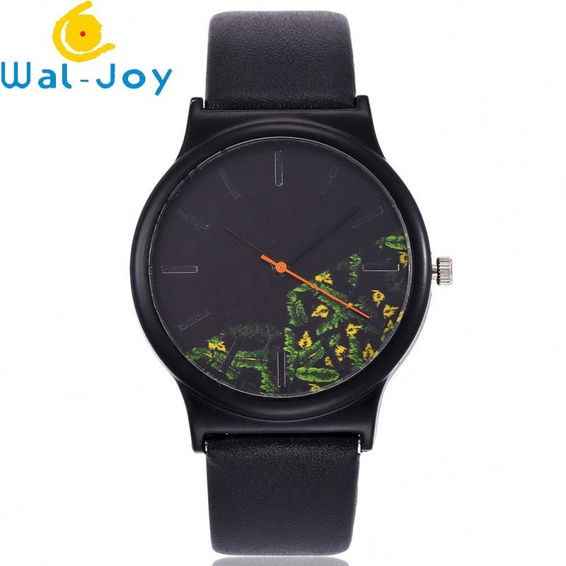 WJ-6737 Alibaba China ODM Watch Novel Flower Dial Black Leather Women's Simple Vintage Quartz Watch