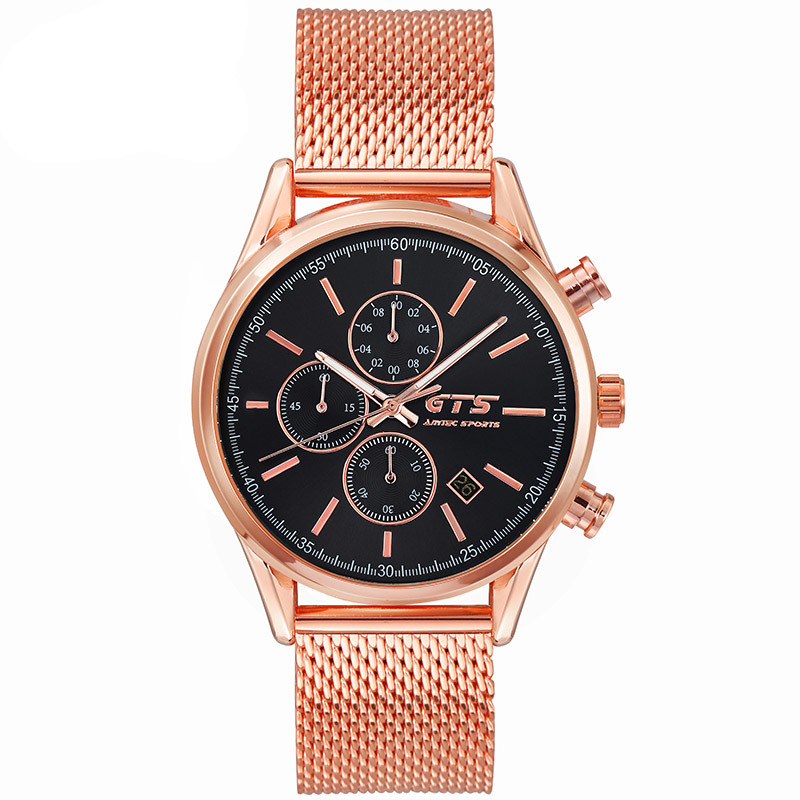 WJ-8382 Mens Mesh Three Watch Face Working Stainless Steel Watch Band Waterproof Watch