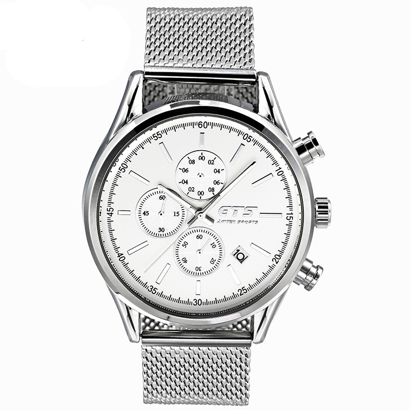 WJ-8382 Mens Mesh Three Watch Face Working Stainless Steel Watch Band Waterproof Watch