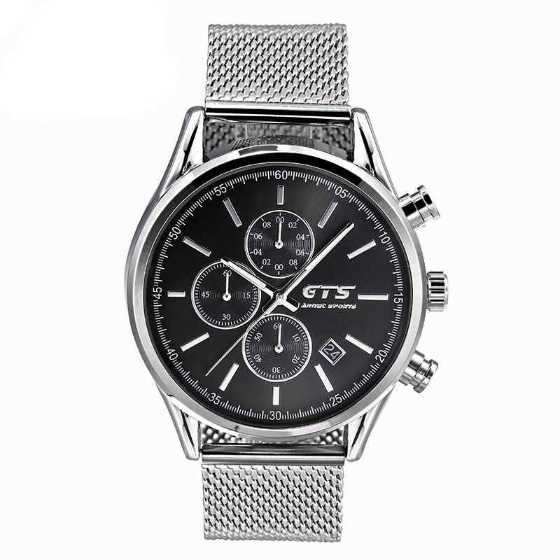 WJ-8382 Mens Mesh Three Watch Face Working Stainless Steel Watch Band Waterproof Watch