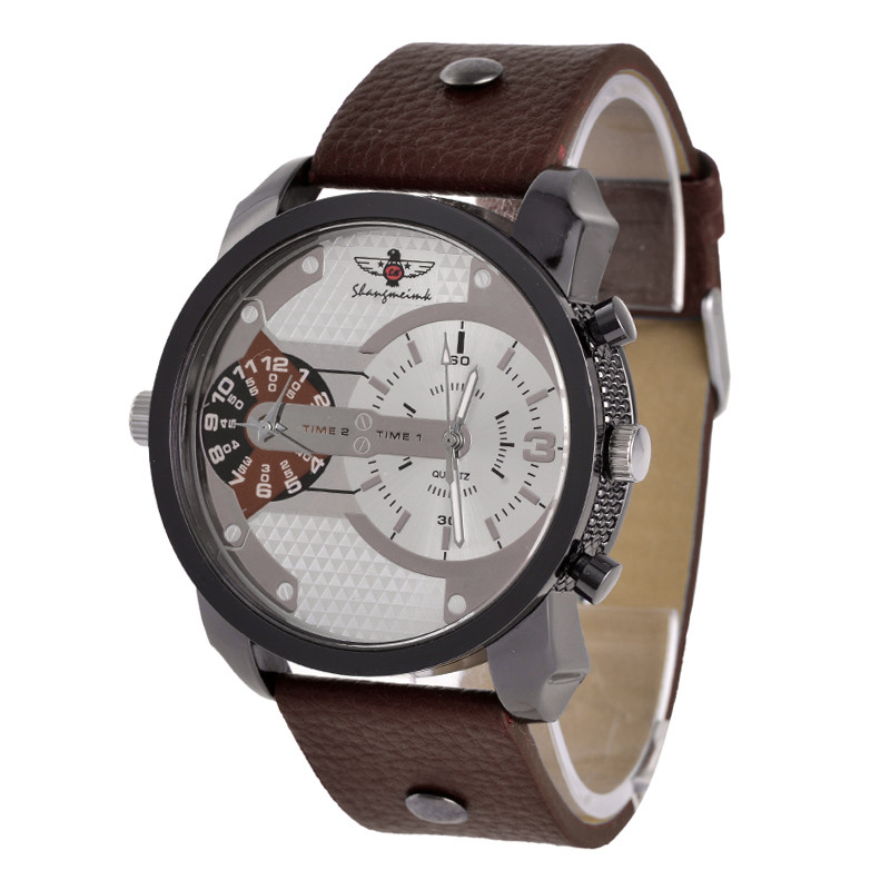 WJ-5381 personality double time fashion student quartz charming leather men watch