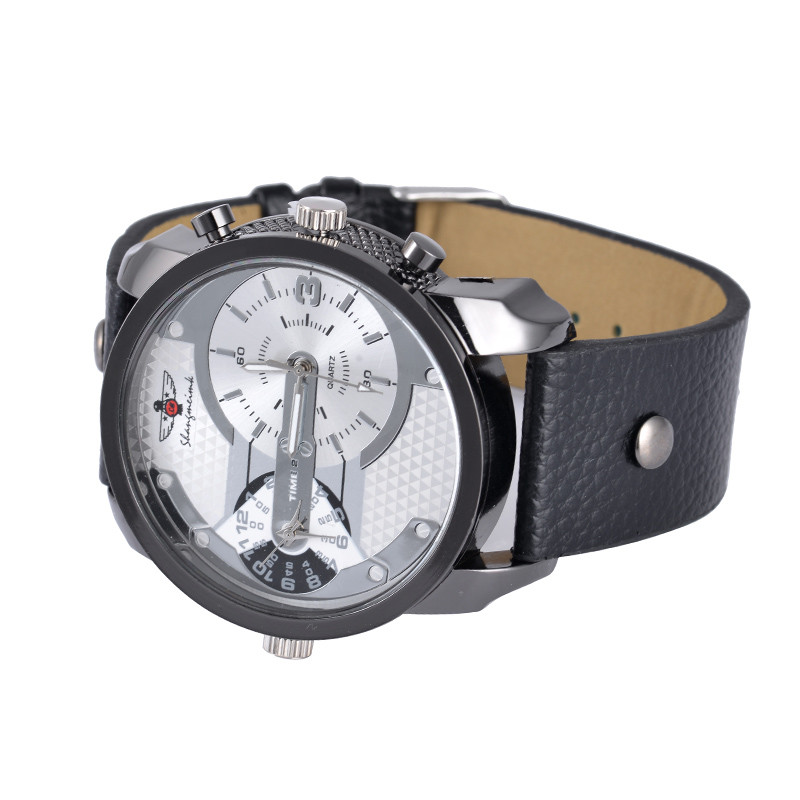WJ-5381 personality double time fashion student quartz charming leather men watch