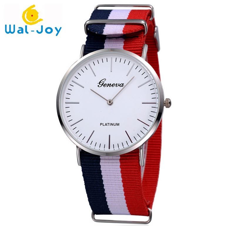 WJ-3395 China Yiwu Factory Hot Sale LOGO OEM Watch Knitted Canvas Nylon Stripe Vogue GENEVA Watches Man Promotional WristWatch