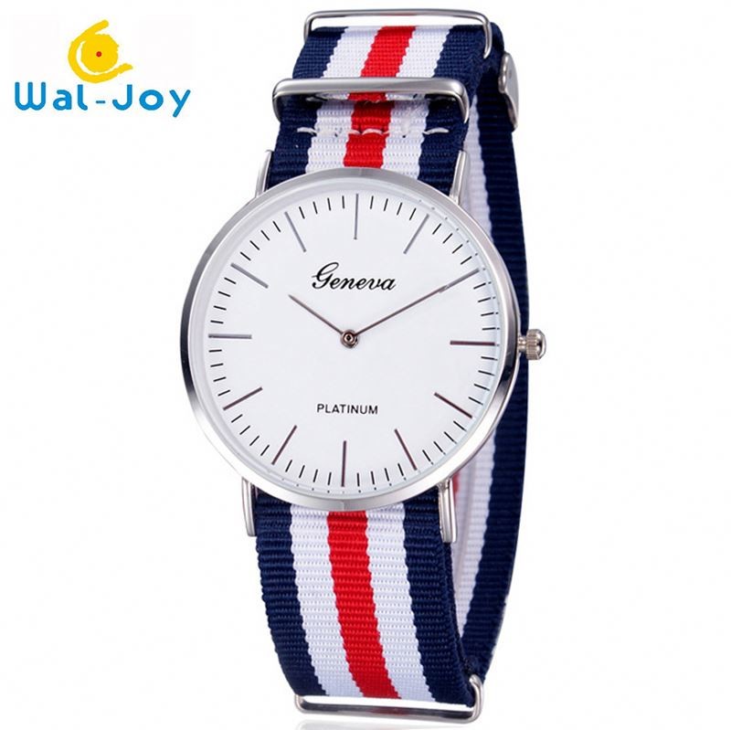 WJ-3395 China Yiwu Factory Hot Sale LOGO OEM Watch Knitted Canvas Nylon Stripe Vogue GENEVA Watches Man Promotional WristWatch