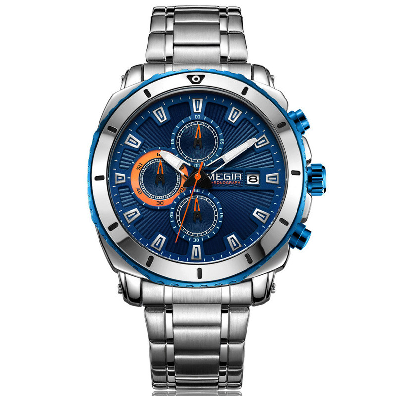 WJ-7604 MEGIR 2027 Gentleman Stainless Steel Quartz Watch Automatic Date Small Three Meedle Fashion Men's Wrist-watch