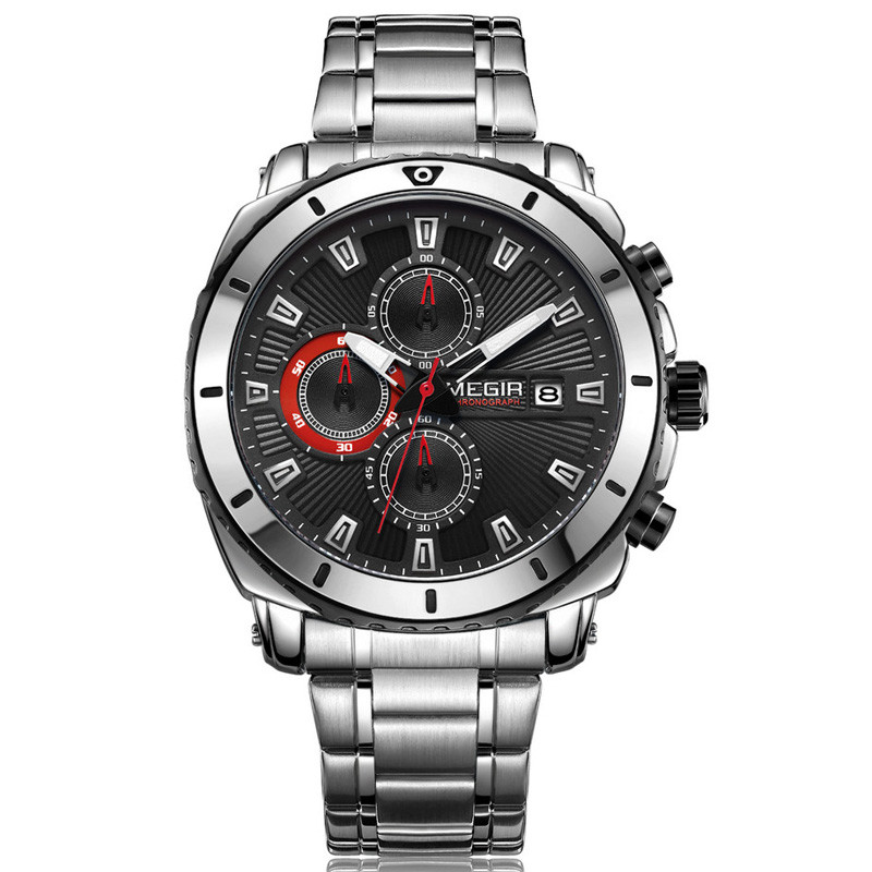 WJ-7604 MEGIR 2027 Gentleman Stainless Steel Quartz Watch Automatic Date Small Three Meedle Fashion Men's Wrist-watch