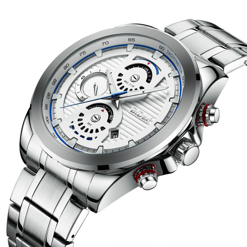 WJ-7391 Vogue Stainless Steel Watches BIDEN Brand Quartz Handwatches 3ATM Waterproof Date Day Men Wrist Watches